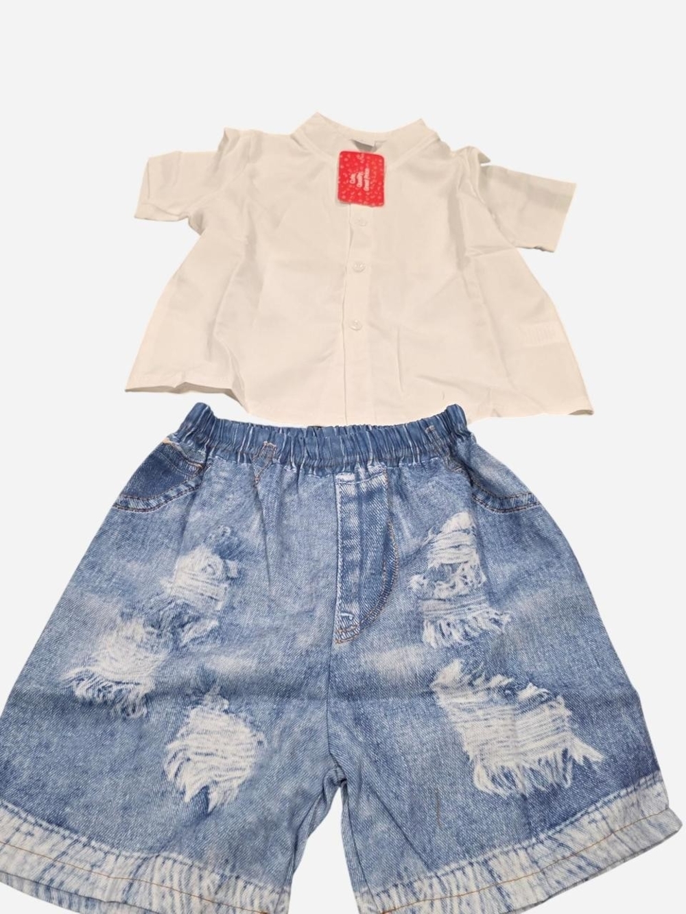 PatPat White Button-Front Top and Light Blue Distressed Denim Shorts Set